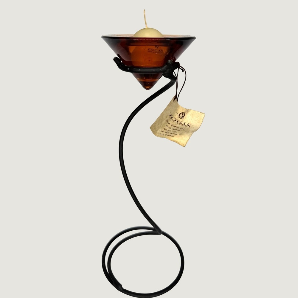 Zodax Amber Glass Candle Holder Black Metal Spiral Stand Portugal